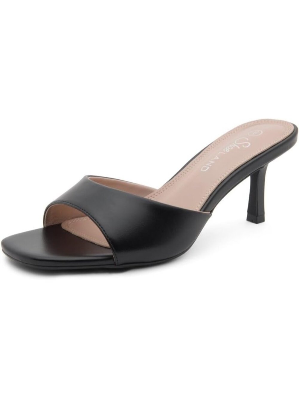 Women's Low Heels Stiletto Slides Black Open Toe One Band Slip-On Heeled Mules